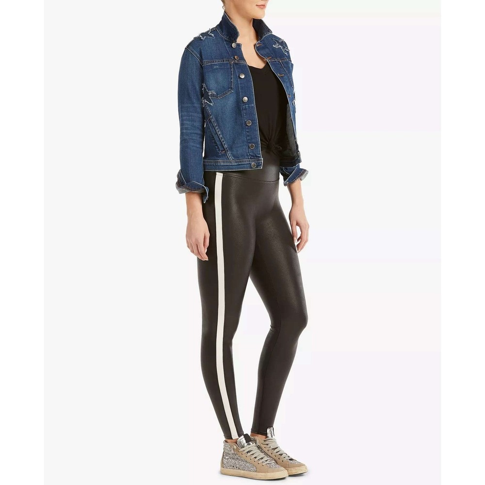 Tuxedo-Stripe Faux-Leather Leggings Size Medium
